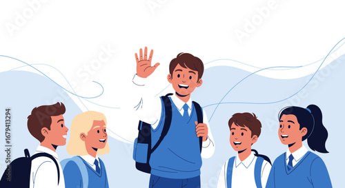 School Students Greeting And Saying Farewell, A Happy And Cheerful Group