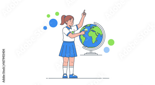 Schoolgirl Exploring The Globe, Pointing To A Specific Location For Geographic Study