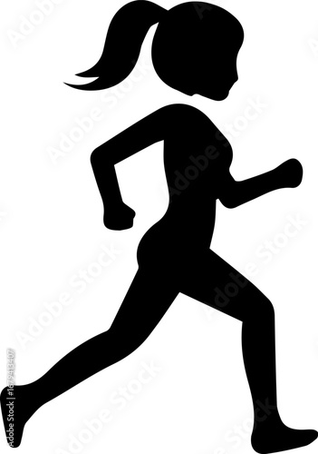 Girl running with her ponytail in the air. She is wearing a black outfit. Concept of a girl enjoying a run and staying active