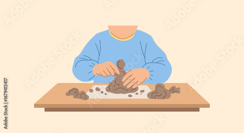 Person Shaping Clay Sculpture On Table Creating Handmade Art Project