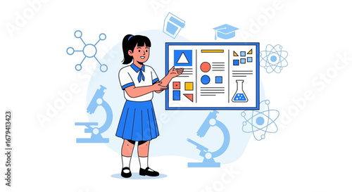 Schoolgirl Illustrates Educational Diagram Indicating Scientific Themes For Learning Purposes
