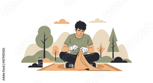 Person Sewing Outdoors: Crafting And Creating Amidst Nature's Serene Backdrop
