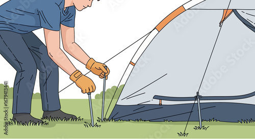Person Setting Up a Tent for Camping Amidst Natural Surroundings and Ready for Adventure