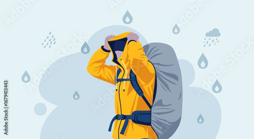 Person Shielded In A Yellow Coat Facing The Elements With A Backpack and Illustrative Rain