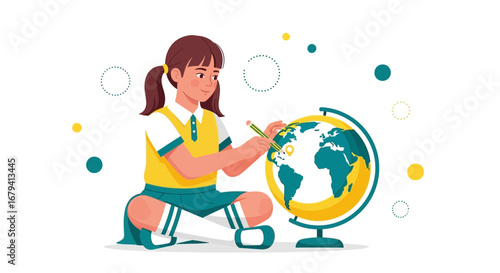 Schoolgirl Studying Geographic Locations with a Globe Demonstrating World Exploration and Education