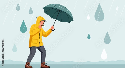 Person Shielding From Rainfall Beneath An Umbrella During A Downpour Of Monsoon Water