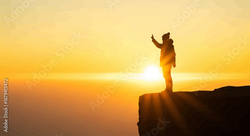 Person Silhouette Capturing Sunset Moment While Standing At The Cliff Edge For A Selfie