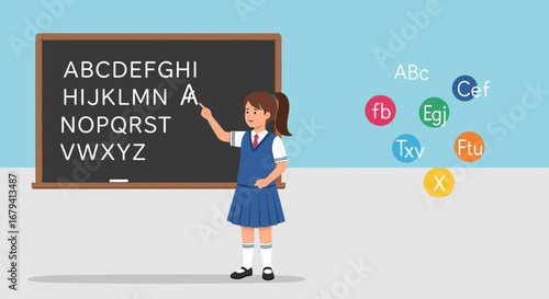 Schoolgirl Teaching Alphabet, Displaying Letters On Blackboard, Education And Learning Concept