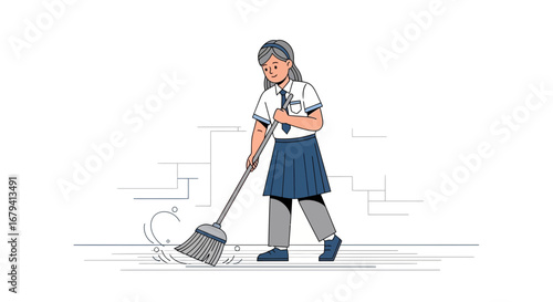 Schoolgirl Sweeping Floor With Broom in Modern Illustration Style Vector Design Clean