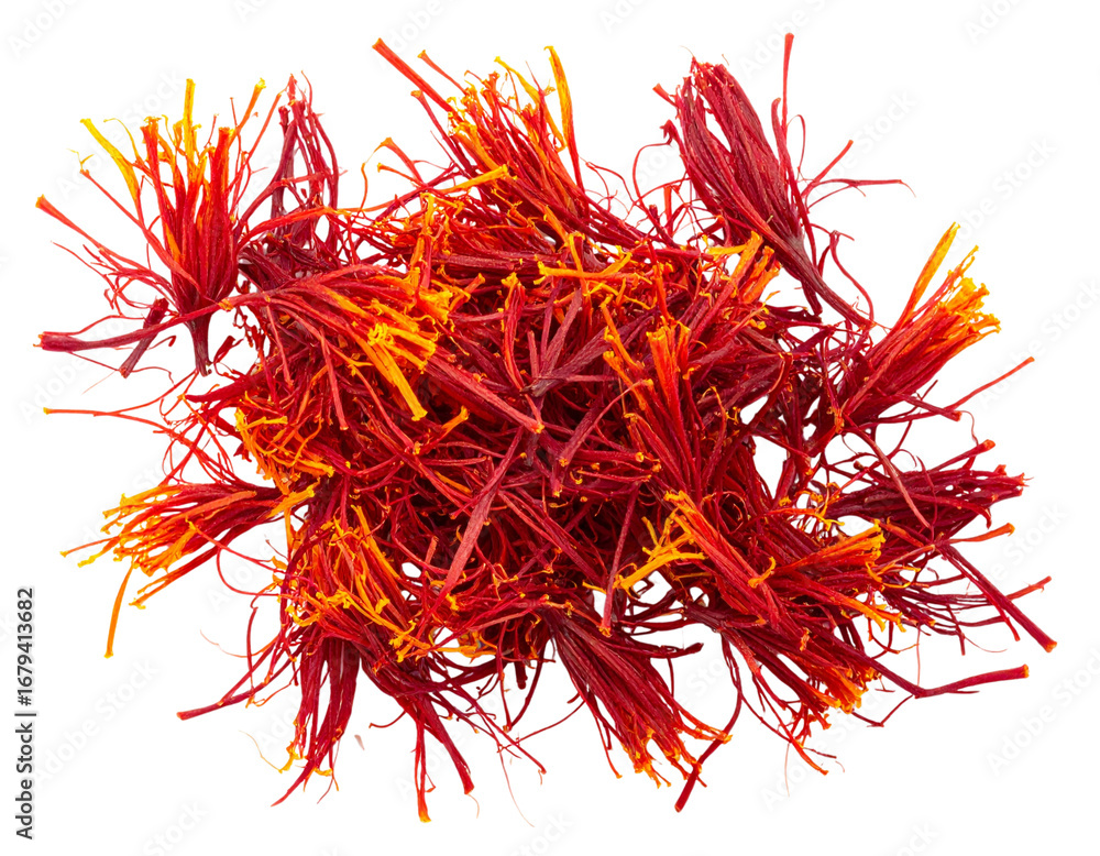 Naklejka premium Small Cluster of Saffron Pistils, Top-Down View, Isolated on White Background