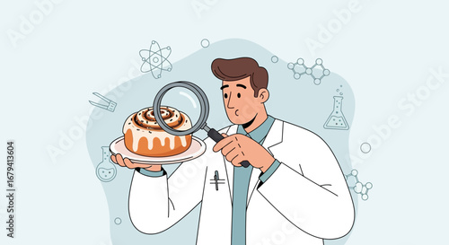 Scientist Analyzing Delicious Cinnamon Roll For Research Purposes And Scientific Analysis