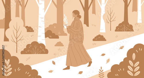 Person Strolling Through Forest With a Warm Beverage on a Delightful Day