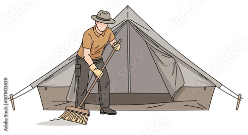 Person Sweeping Inside The Tent, Preparing For A Relaxing Camping Trip Adventure