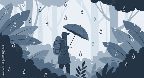 Person Strolling Through a Serene Woodland Path During a Downpour Under an Umbrella
