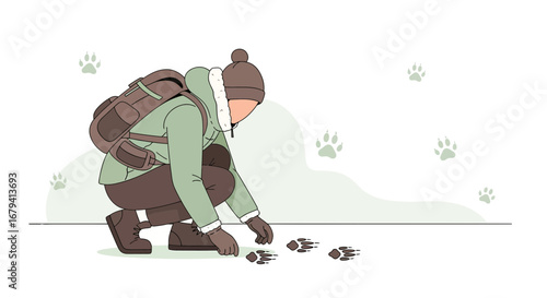 Person tracking animal footprints in the snow during a winter hike outdoor activity