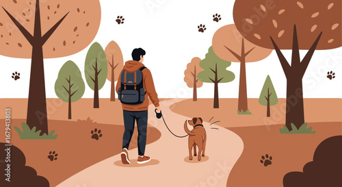 Person Walking Pet Dog In The Park Enjoying Autumn With Trees Around Them