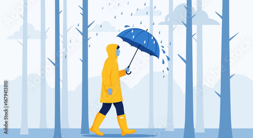 Person Walking In The Rain Beneath An Umbrella While Surrounded by Wooded Trees