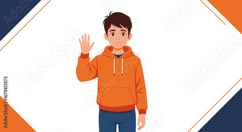 Person Waving Hand Wearing Orange Hoodie Against White Background Smiling Kindly