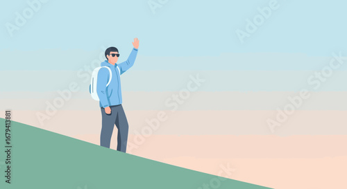 Person Waving from Hilltop Shows a Journey Start and Adventure and Travel