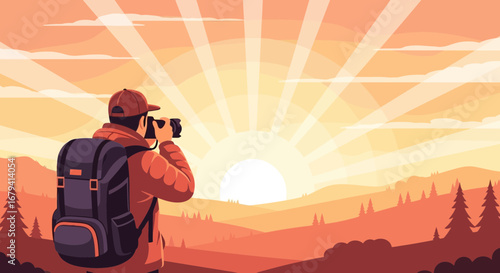 Photographer capturing a beautiful sunset over the mountains vector illustration