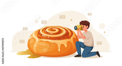 Photographer Capturing A Mouthwatering Cinnamon Roll, Delicious Food Photography
