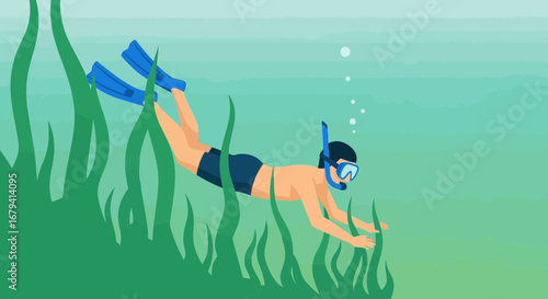 Scuba Diver Explores Lush Underwater Seaweed Garden With Fins, Enjoying Aquatic Adventure