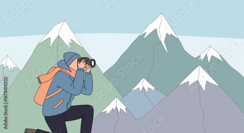 Photographer Capturing Majestic Mountain Range With Camera, Outdoor Activities in Nature