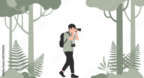 Photographer capturing images of nature in a forest environment amidst trees and ferns