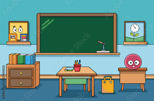 Cartoon school classroom with chalkboard and desks