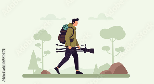 Photographer hiking and exploring nature with camera tripod and backpack in the forest