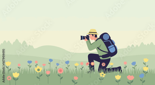 Photographer in a field of flowers, hiking with a camera, outdoors, nature landscape scene
