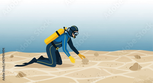 Scuba diver exploring the seabed collecting seashells vector illustration cartoon