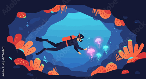Scuba diver exploring underwater cave with enchanting jellyfish in a vivid illustration