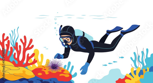 Scuba Diver Exploring Underwater Coral Reefs With Sea Urchin Interaction Illustration