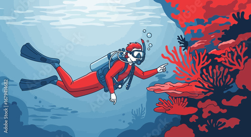 Scuba diver exploring underwater coral reefs encountering marine life during diving trip