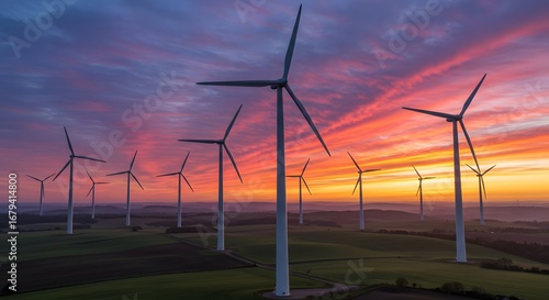 A picturesque scene of wind turbines against a stunning sunset sky. The turbines are harnessing the power of the wind for clean energy, with the sky ablaze with vibrant colors