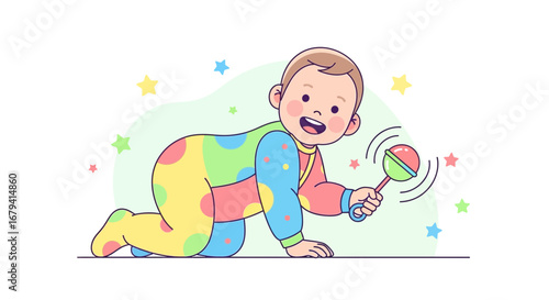 Playful Baby Exploring The World While Playing With Rattle In Its Hands