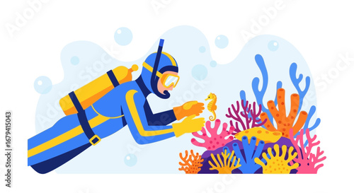 Scuba diver interacting with a seahorse near colorful coral reefs in ocean environment