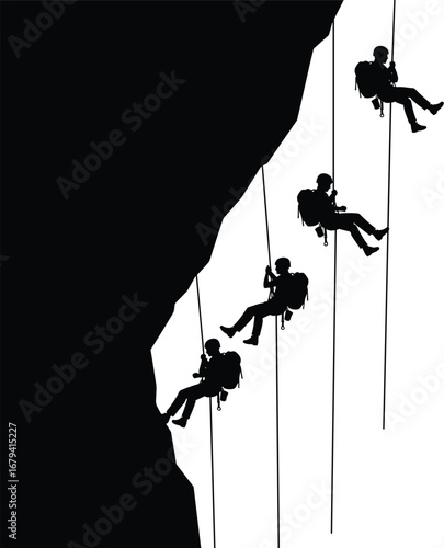 A black and white silhouette illustration of a group of rock climbers rappelling down a steep mountain cliff.