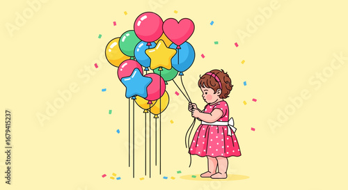 Playful Child Holding Up Colorful Balloons Illustration Against a Light Yellow Background