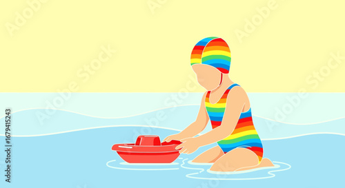 Playful Child in Rainbow Swimsuit Interacting With a Toy Boat in Watery Environment