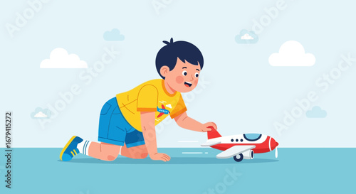 Playful Child Interacting With Toy Airplane: Imagination, Fun, and Early Childhood