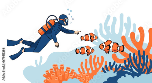 Scuba Diver Pointing at Clownfish While Exploring Coral Reefs Underwater Scene