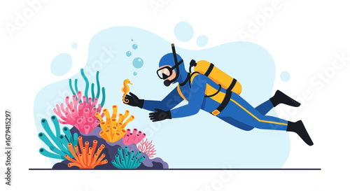 Scuba Diver Swimming Underwater Holding a Seahorse Near Coral Reef Illustration