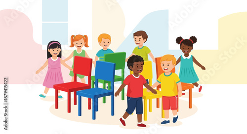 Playful Children Gather Around Colorful Chairs During Recreational Activity Together