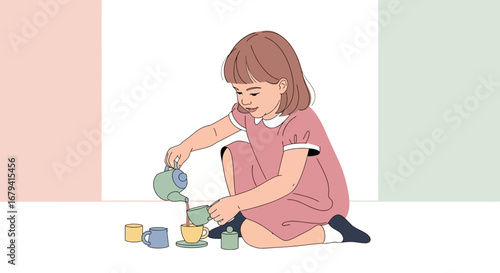 Playful Girl Enjoys Imaginary Tea Party In Whimsical And Delightful Illustration