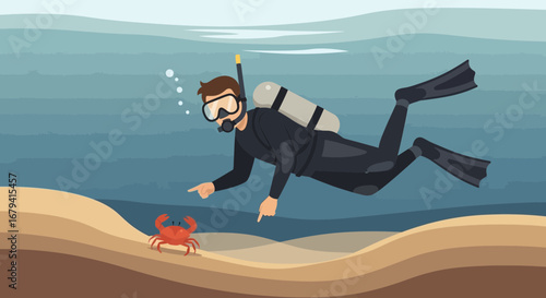 Scuba Diver Underwater Observing A Crab, Marine Life Illustration, Ocean Exploration