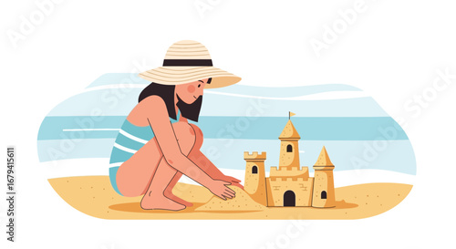 Seaside Activity Depicting a Joyful Person Building a Sandcastle during a Sunny Day