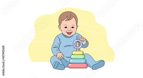 Playful Infant Interacting With Colorful Toys, Smiling and Displaying Joyful Enthusiasm