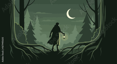 Seeking Solitude Under The Crescent Moon With A Lantern In The Dense Forest